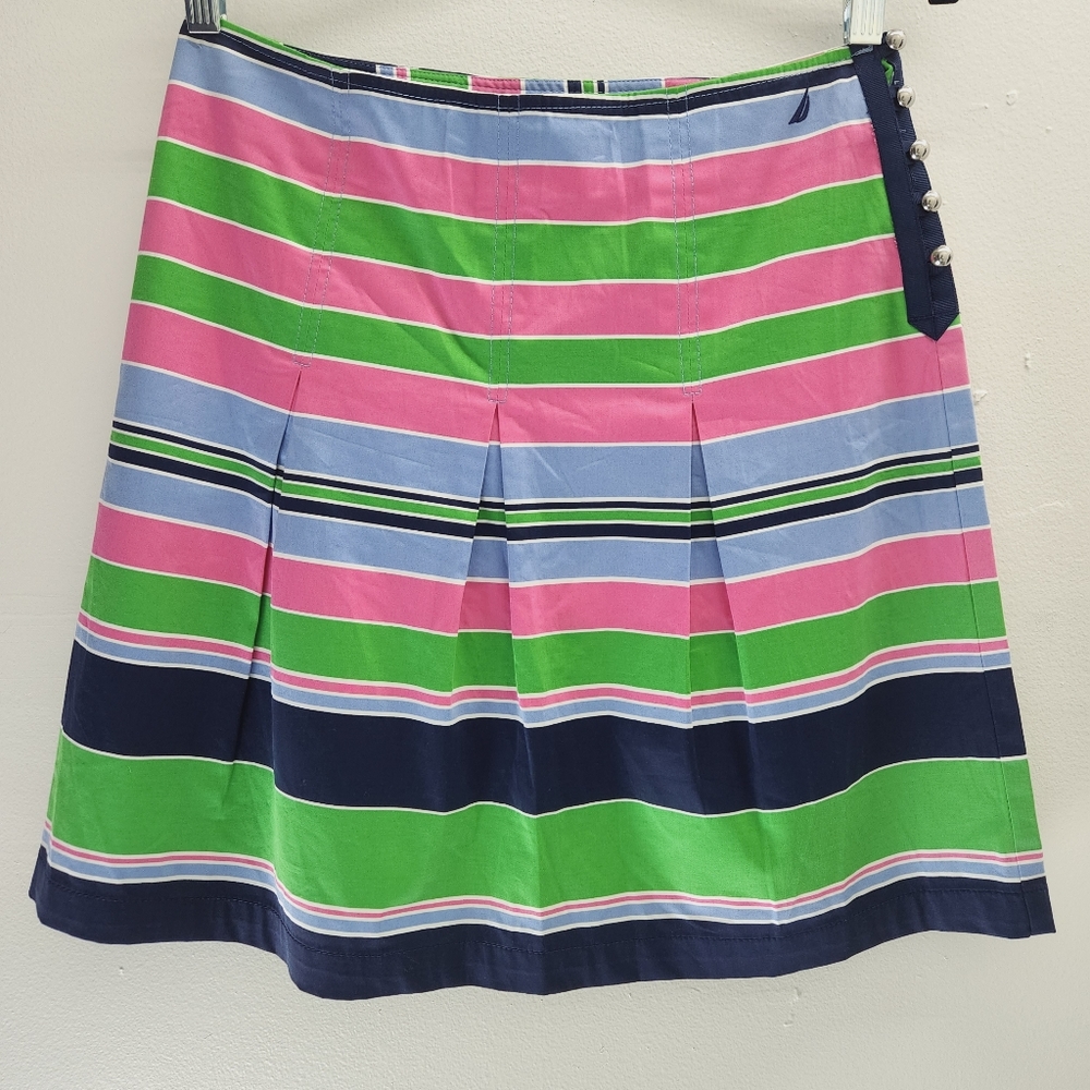 Nautica Pink Green Blue White Striped Pleated A-line Skirt Sz 2
